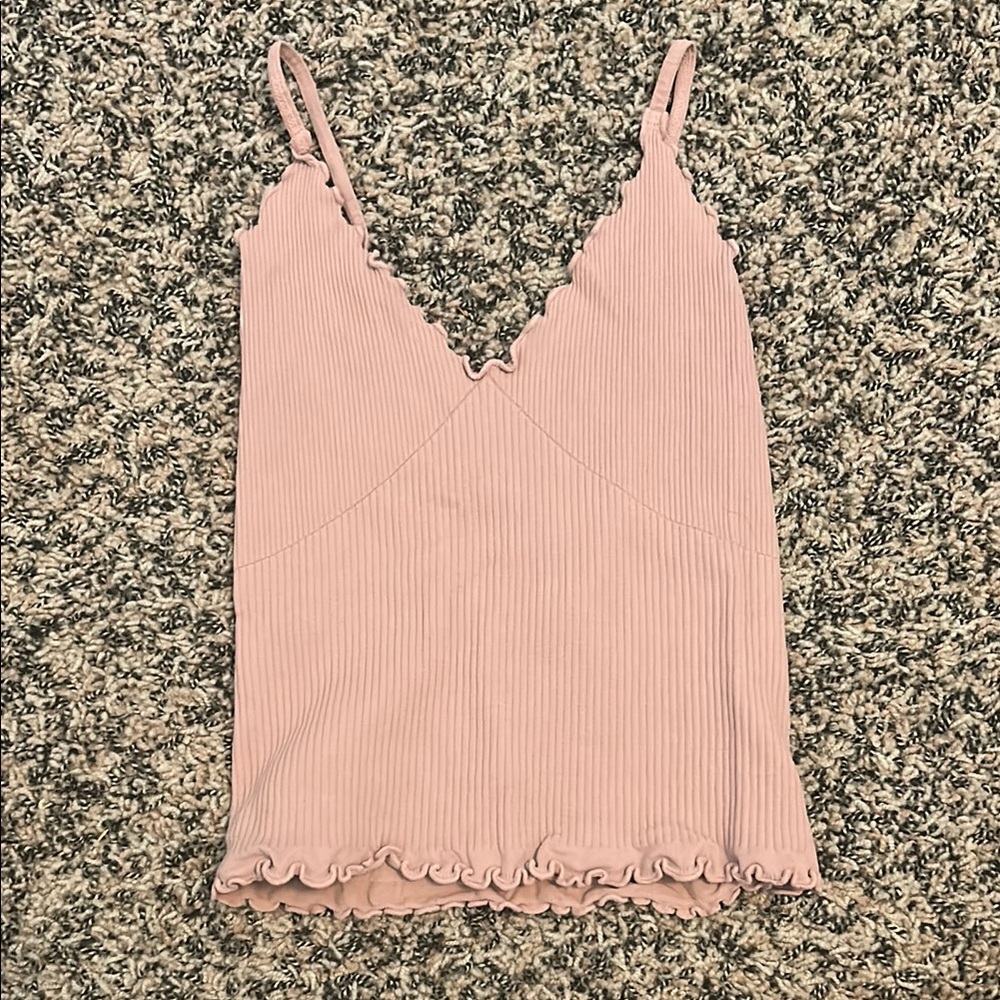 Free People Pink Ribbed Ruffled Camisole